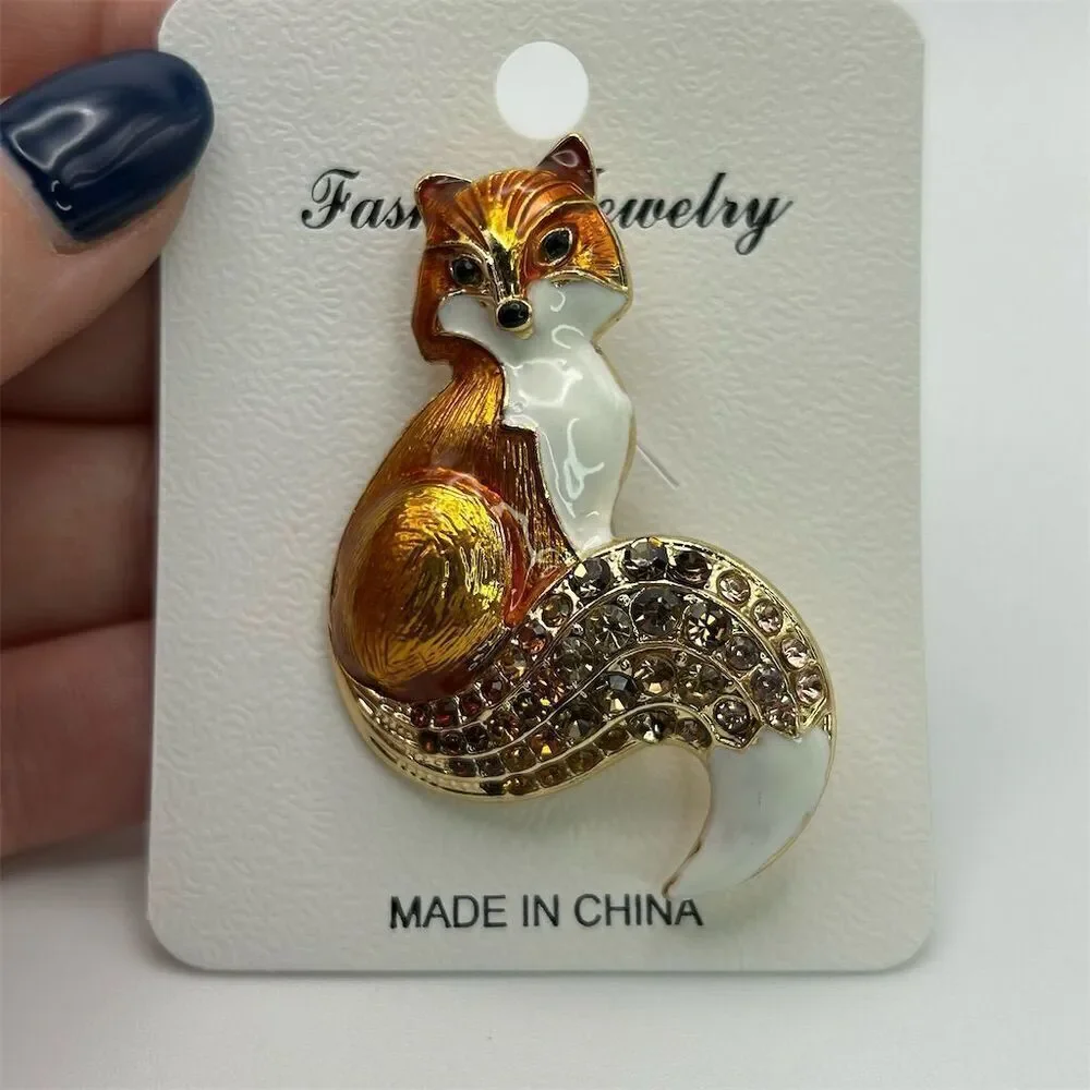 Vibrant Orange Small Enamel Fox Brooch with Rhinestone Accents Sparkle New